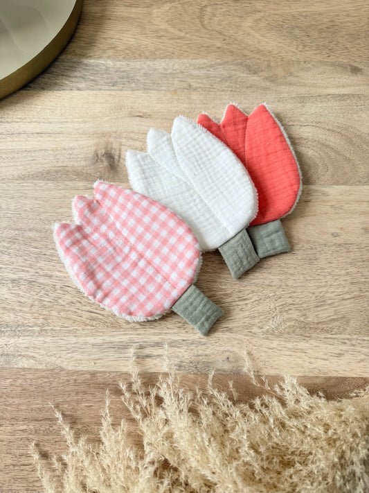 Lot de 3 Lingettes lavable en gaze de coton – Motif Tulipe Vichy mandarine