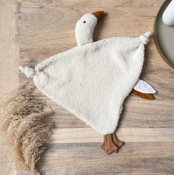 Doudou Oie en gaze de coton et Teddy – Fait main – Modèle Goose