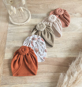 Turbans fille, bébé et enfant en tissu fleuri, kaki ou beige irisé